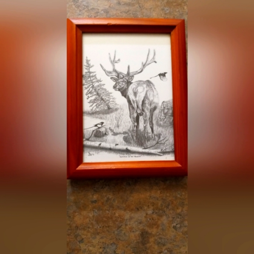 Home Art Framed Elk Pencil Sketch in Frame RD Morris 2002 summer in the Rockies